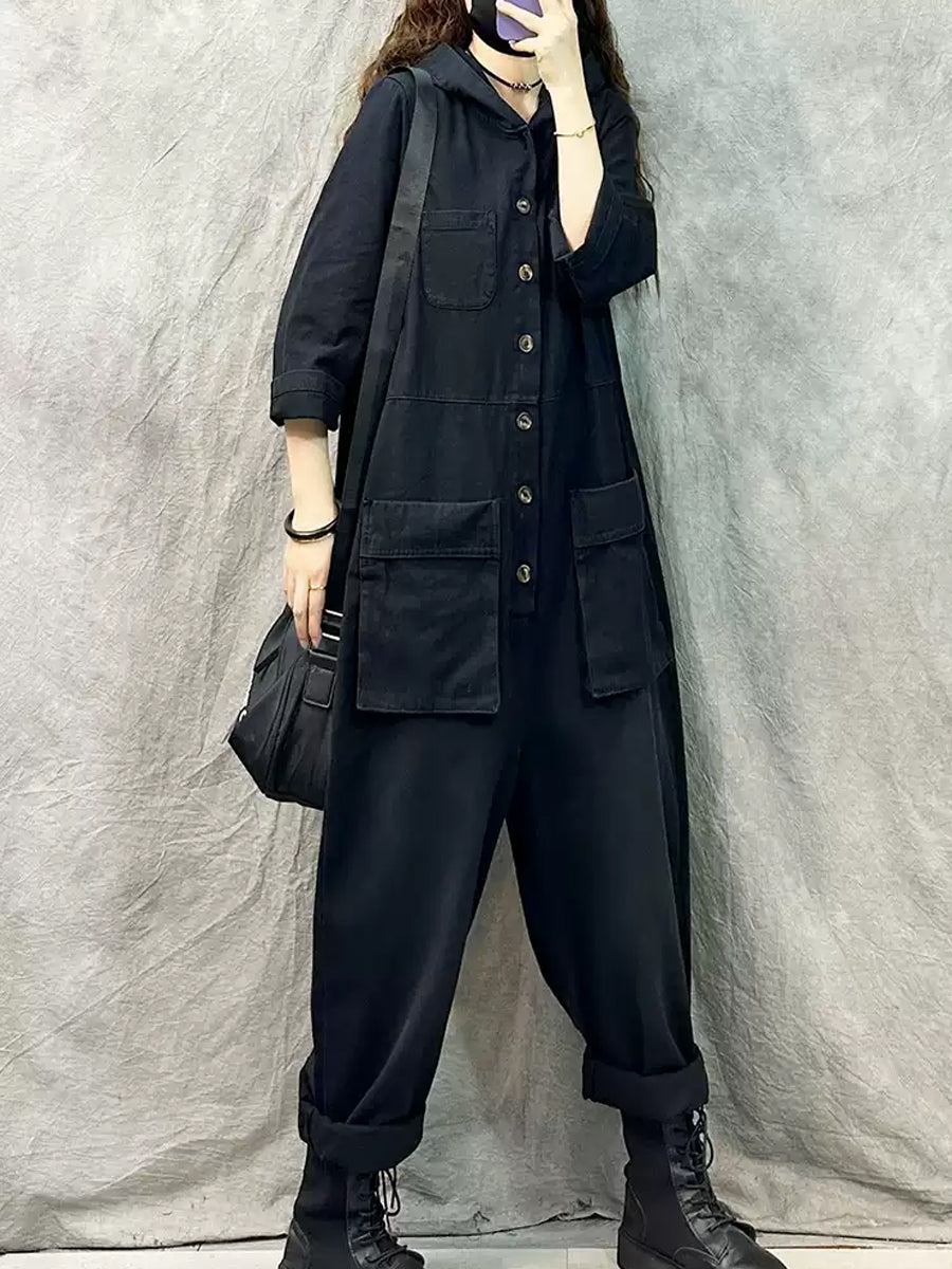 Denim Long Sleeve Hooded Jumpsuits Qn004