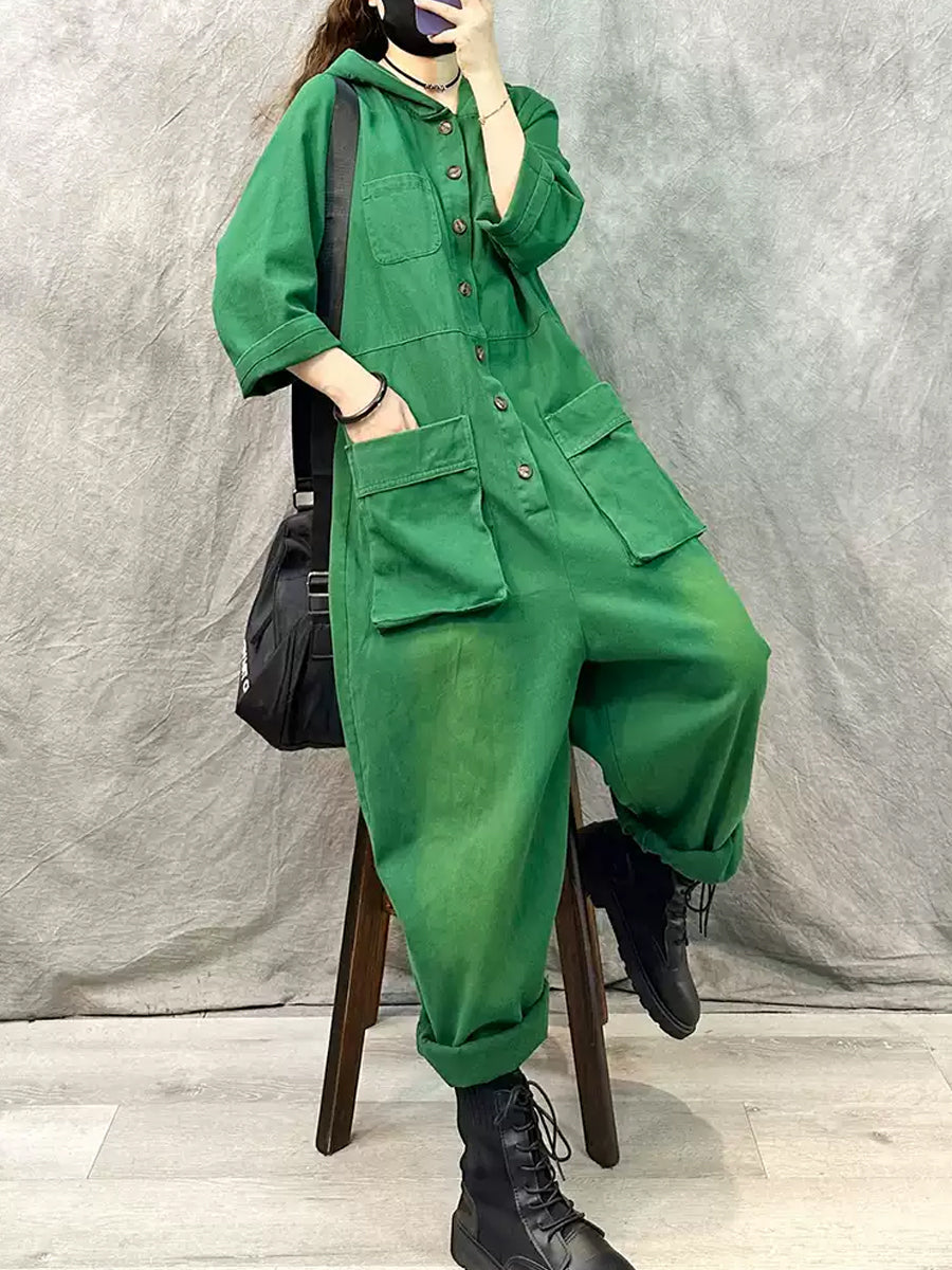 Denim Long Sleeve Hooded Jumpsuits Qn004