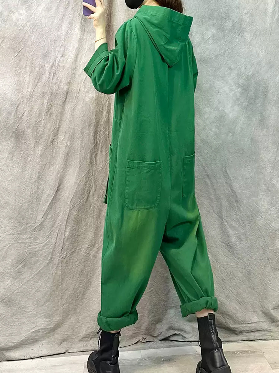 Denim Long Sleeve Hooded Jumpsuits Qn004