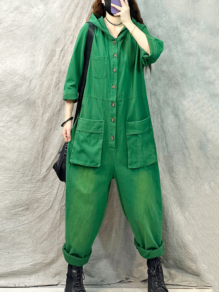 Denim Long Sleeve Hooded Jumpsuits Qn004