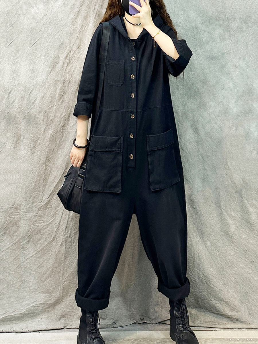 Denim Long Sleeve Hooded Jumpsuits Qn004