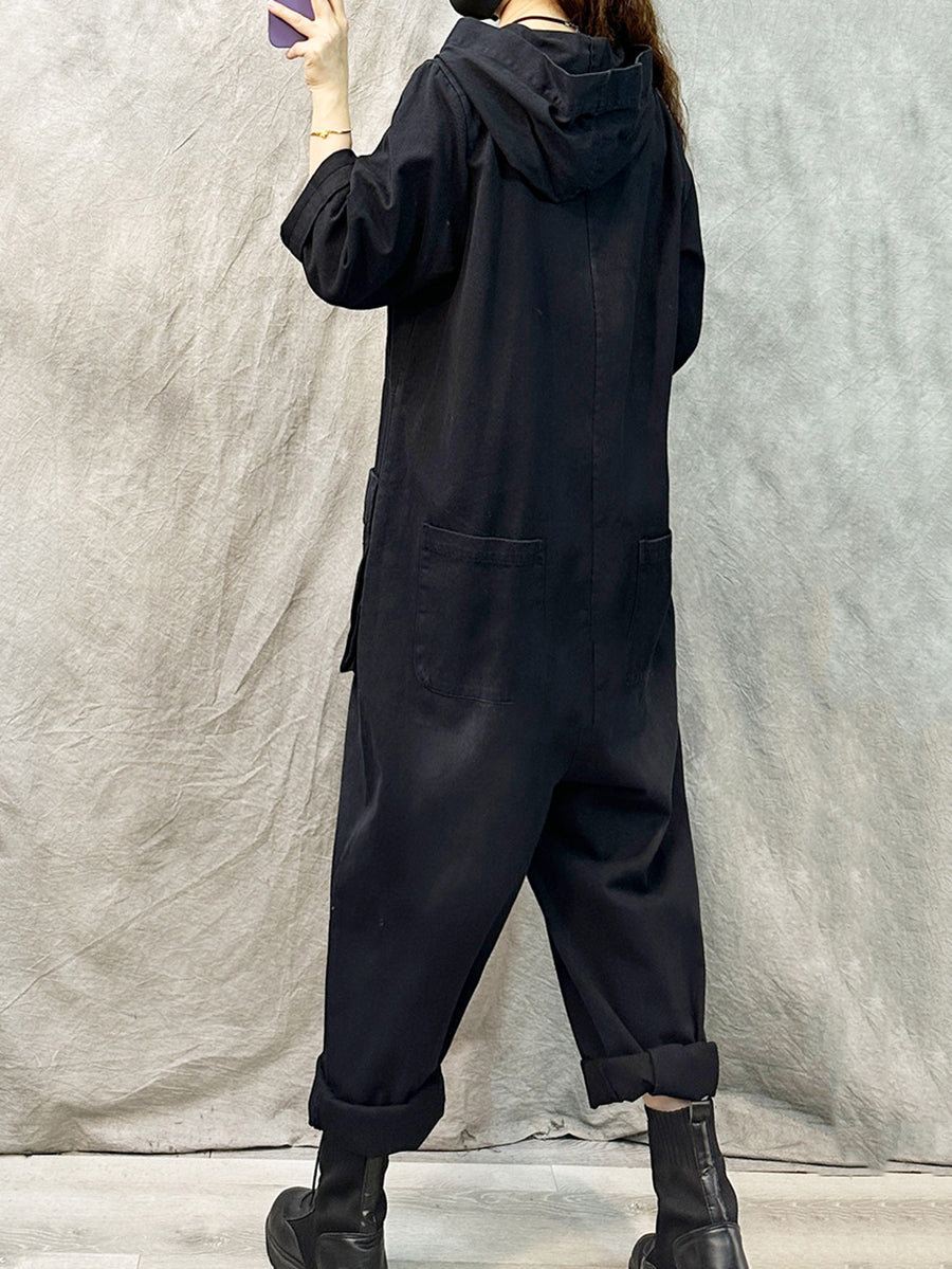 Denim Long Sleeve Hooded Jumpsuits Qn004