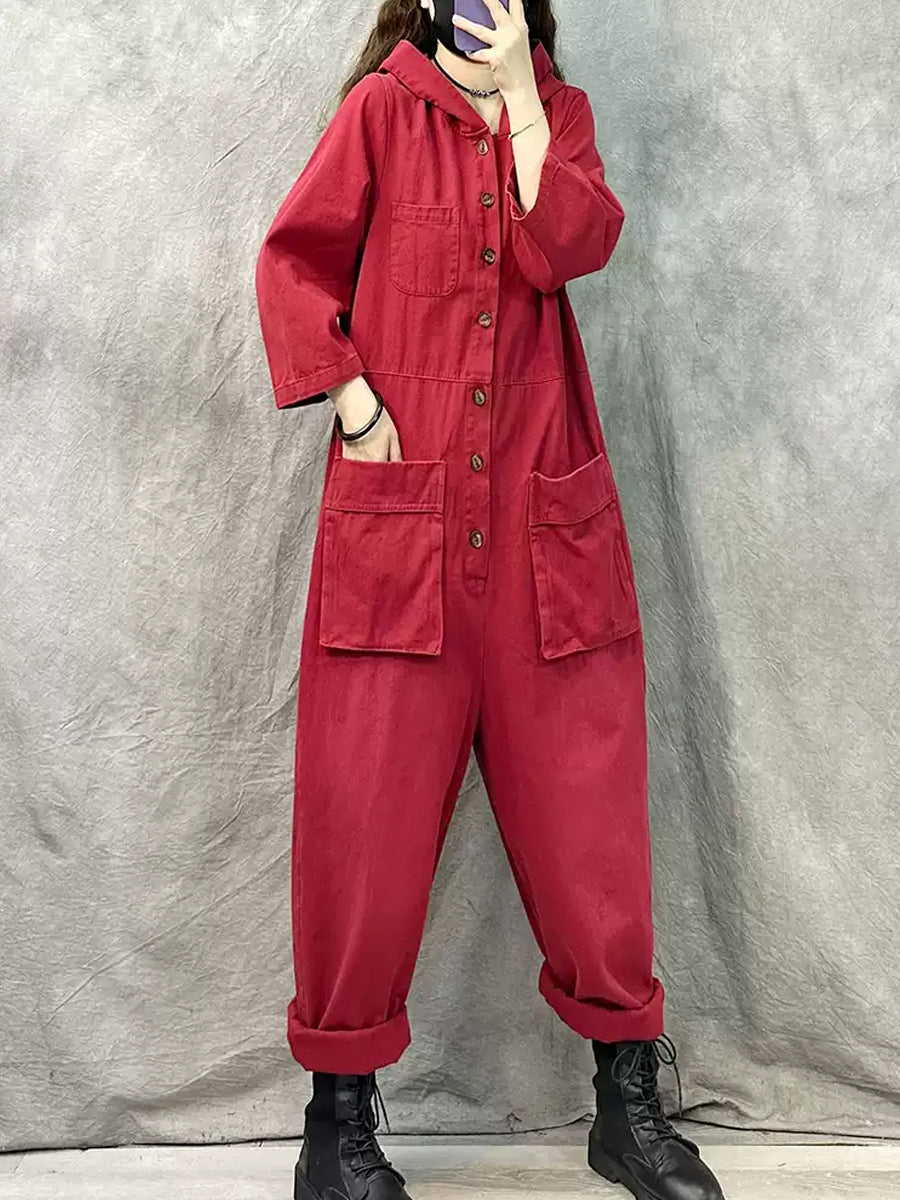 Denim Long Sleeve Hooded Jumpsuits Qn004