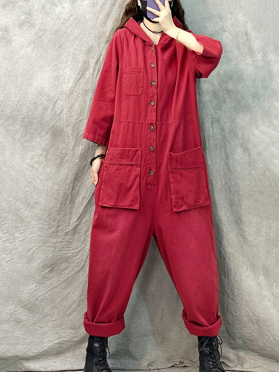 Denim Long Sleeve Hooded Jumpsuits Qn004
