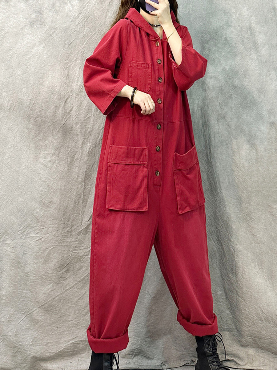 Denim Long Sleeve Hooded Jumpsuits Qn004