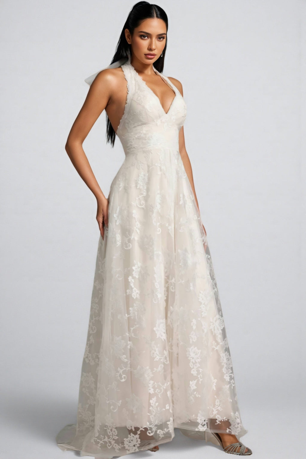 Albine Halter Sleeveless V-neck Lace Maxi Dress