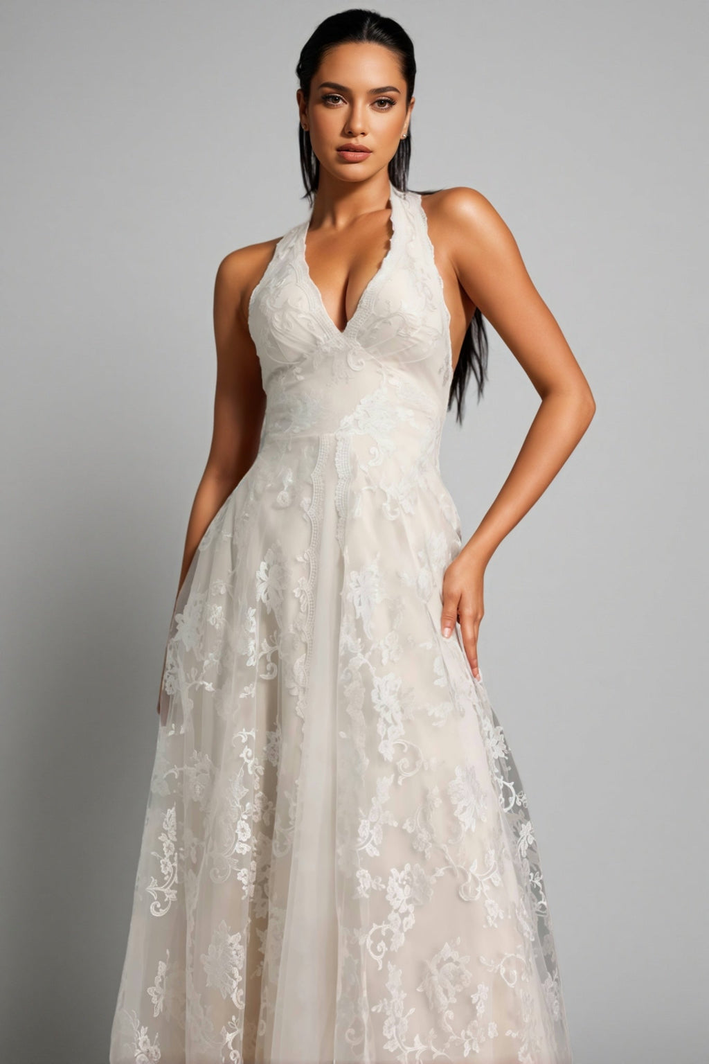 Albine Halter Sleeveless V-neck Lace Maxi Dress