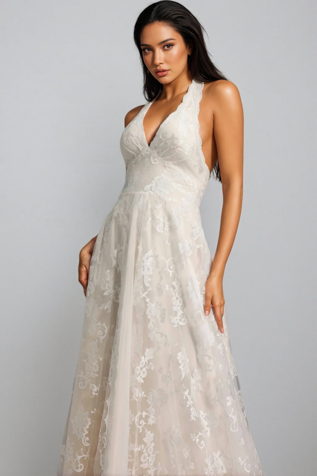Albine Halter Sleeveless V-neck Lace Maxi Dress