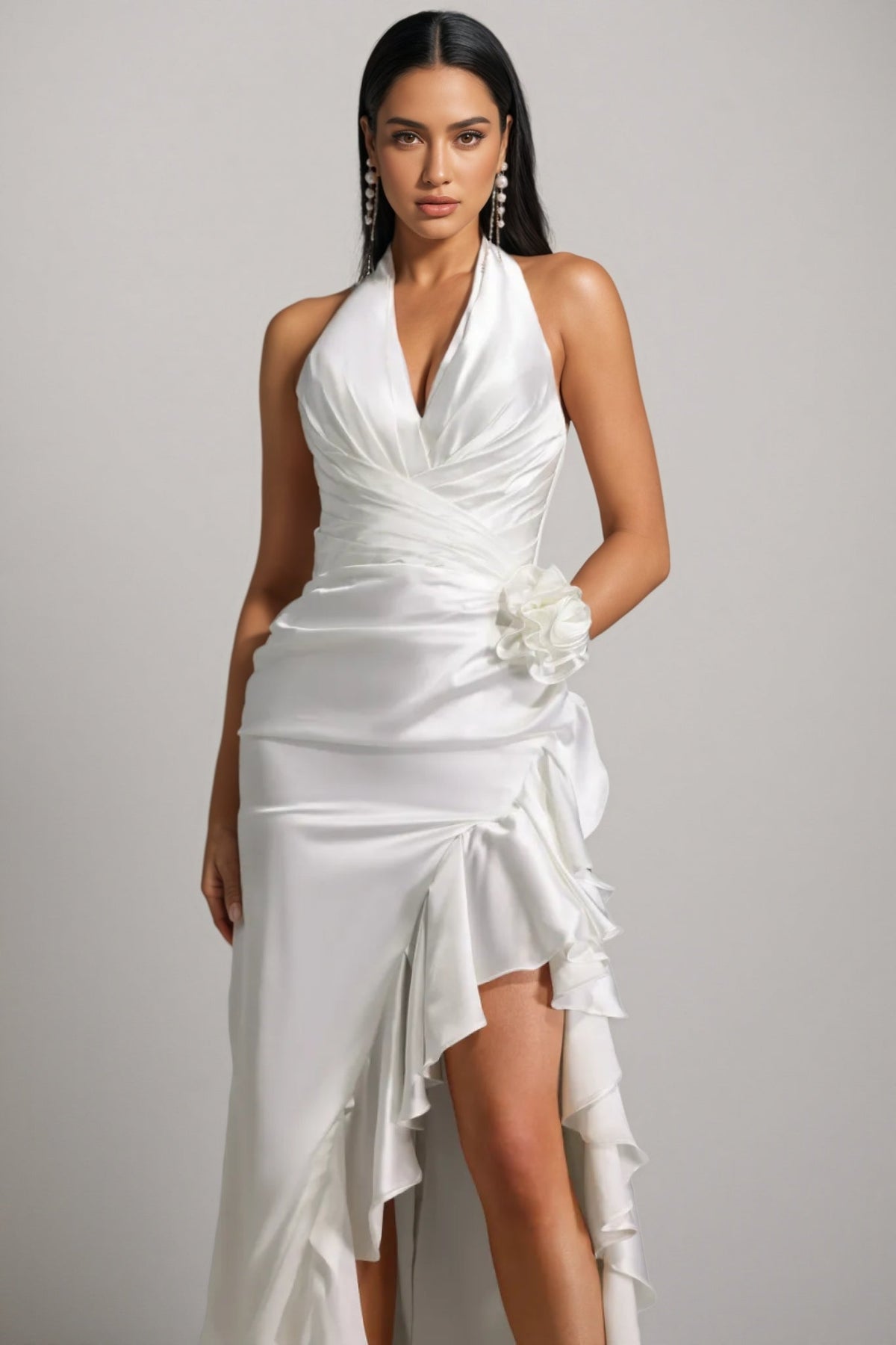 Mirisan Halter V-neck Flowers Flounce Maxi Dress