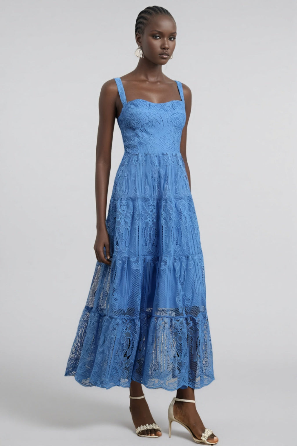 Neona Blue Lace Embroidered Maxi Dress