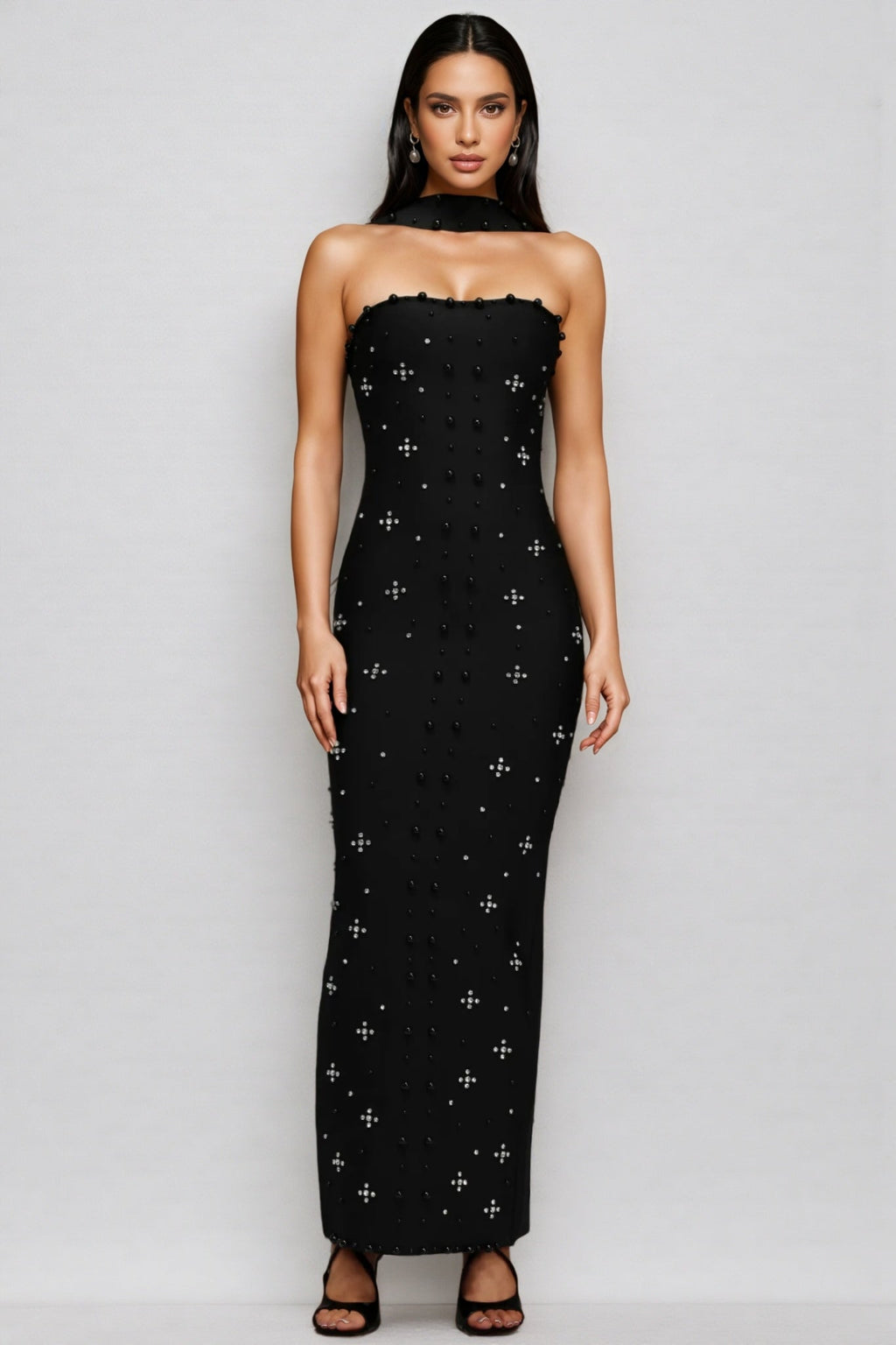 Nyralk Sleeveless Pearl Bandage Maxi Dress