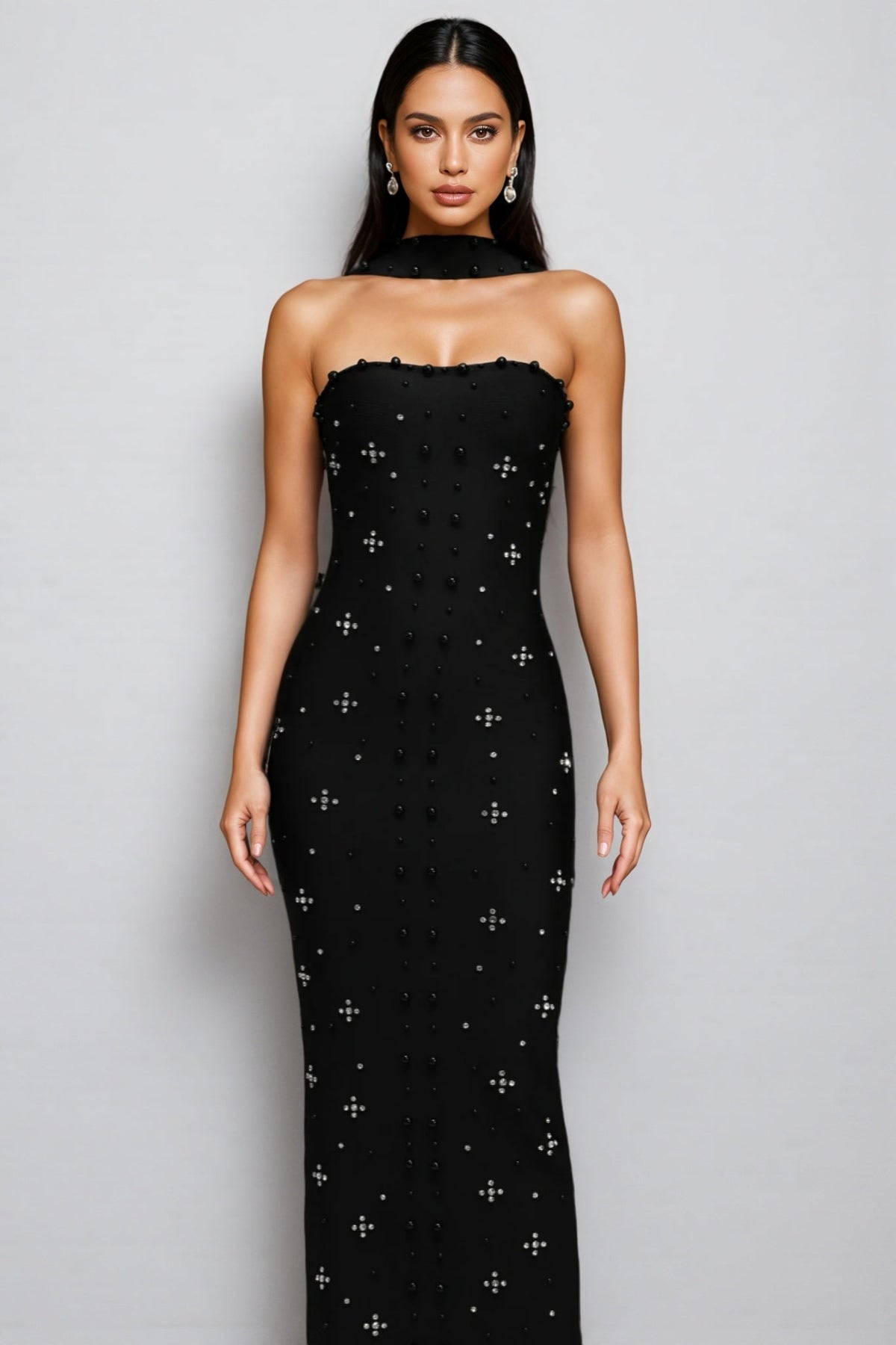 Nyralk Sleeveless Pearl Bandage Maxi Dress
