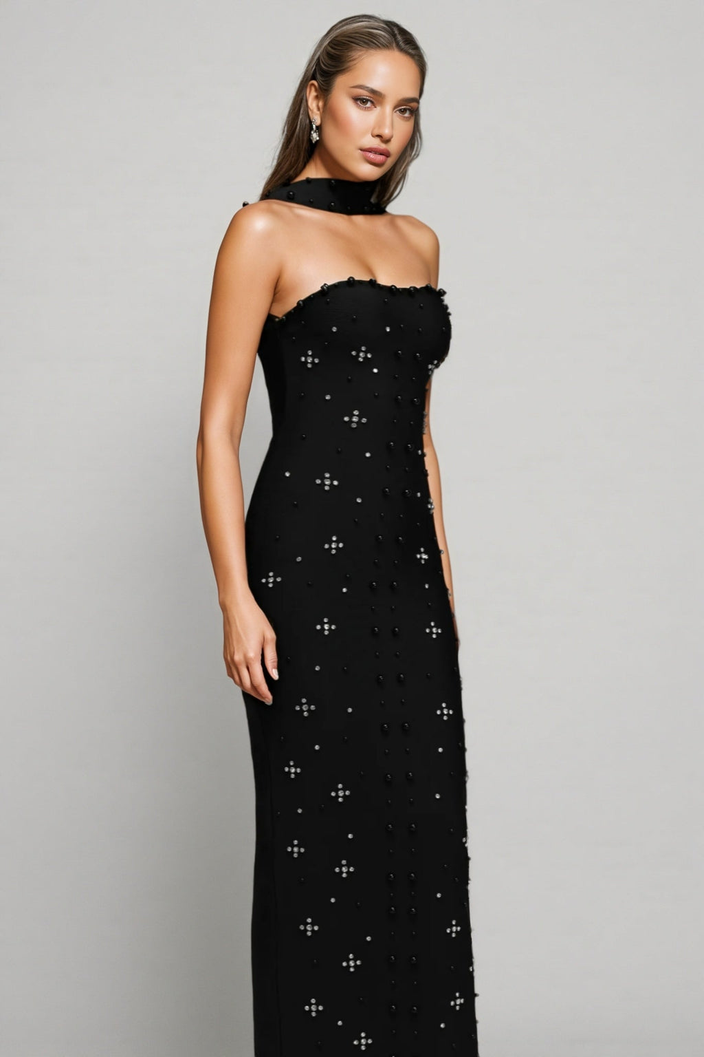 Nyralk Sleeveless Pearl Bandage Maxi Dress