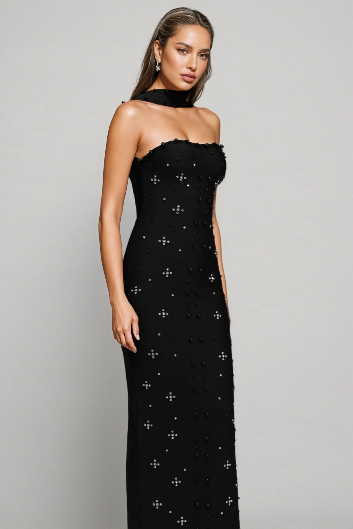 Nyralk Sleeveless Pearl Bandage Maxi Dress