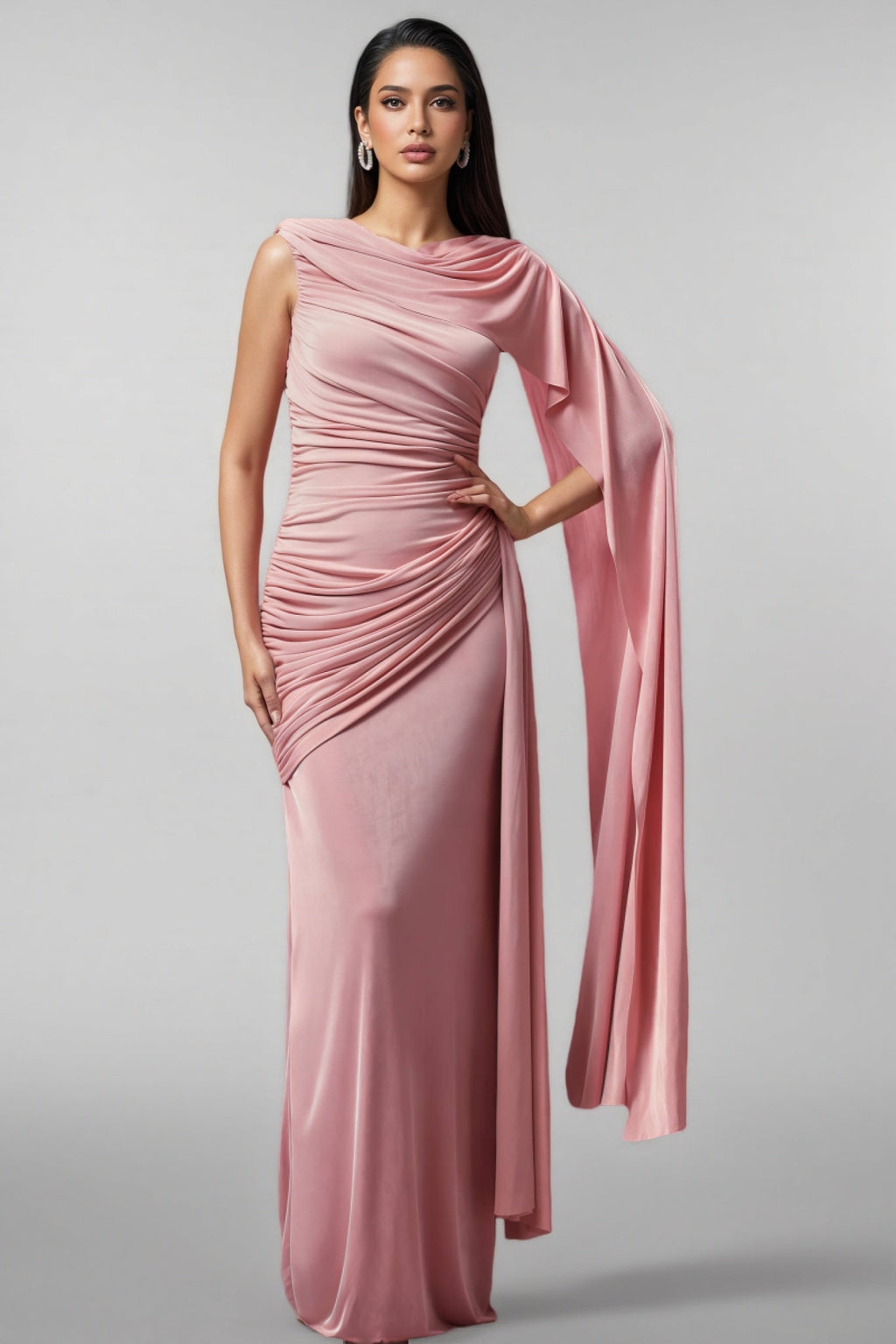Omer Sleeveless Wrinkle Shawl Ribbon Maxi Dress