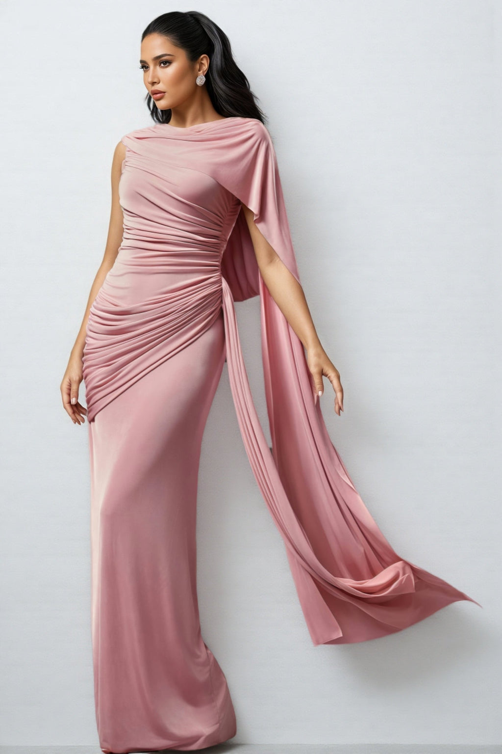 Omer Sleeveless Wrinkle Shawl Ribbon Maxi Dress