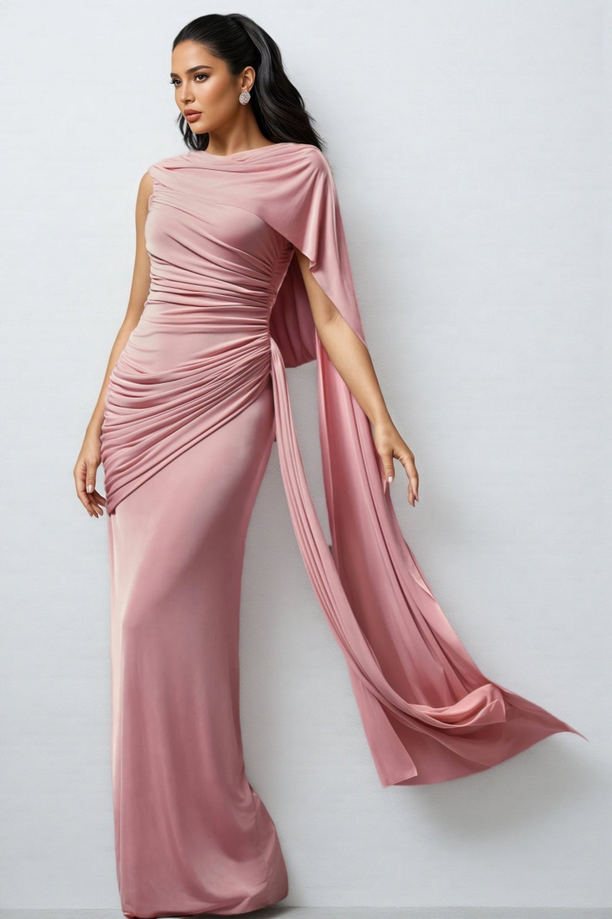 Omer Sleeveless Wrinkle Shawl Ribbon Maxi Dress
