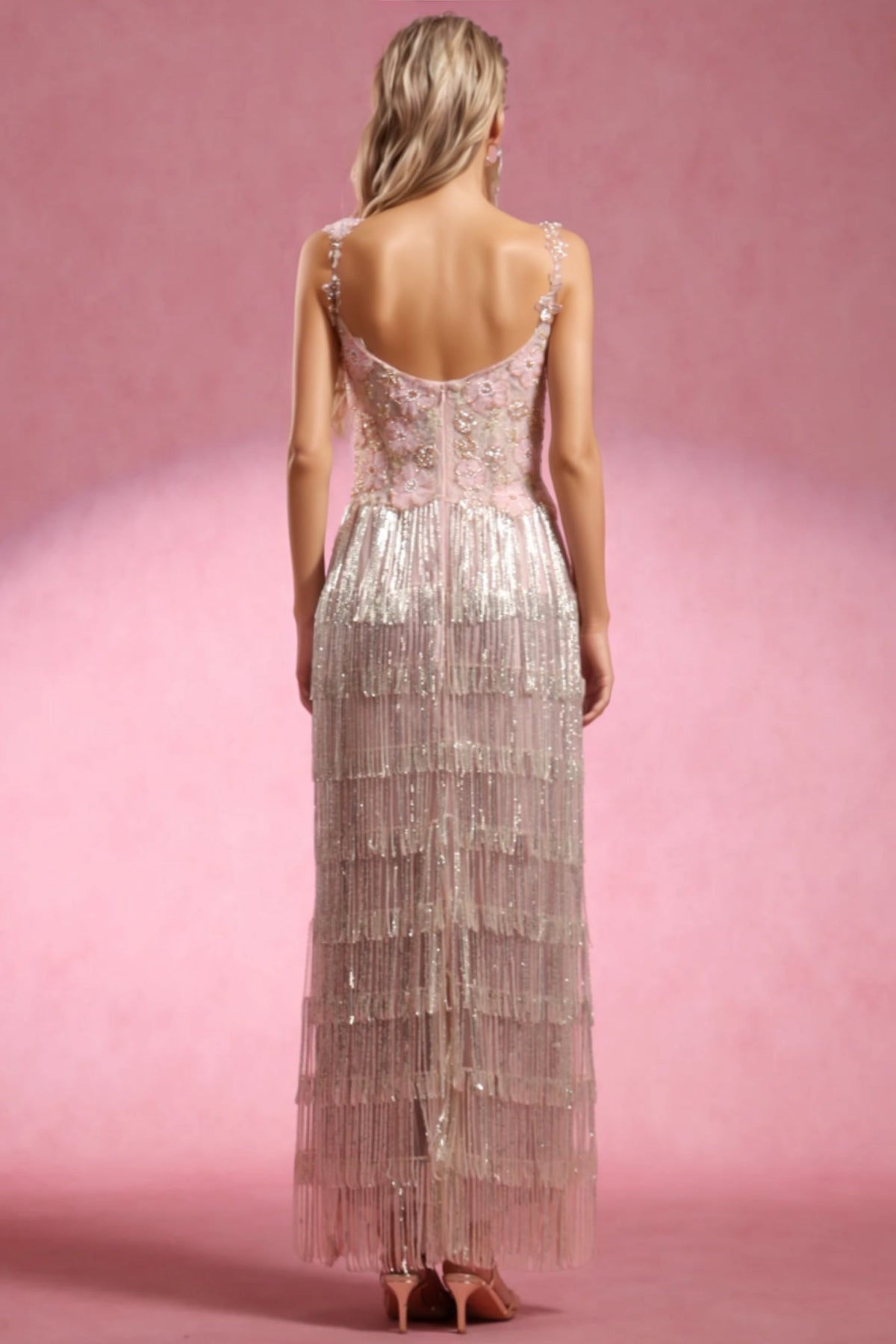 Paca Sleeveless Flowers Diamond Tassels Maxi Dress