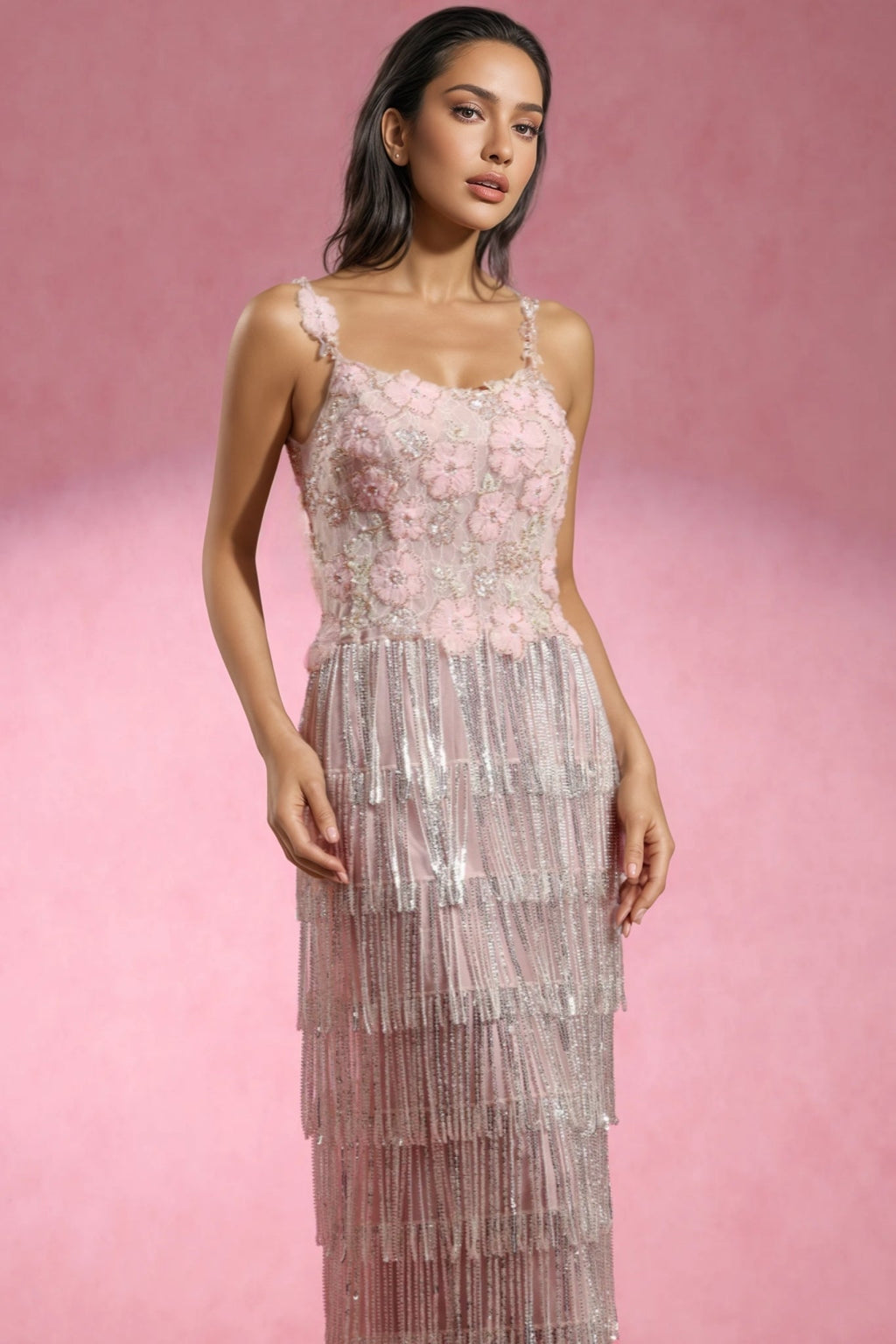Paca Sleeveless Flowers Diamond Tassels Maxi Dress