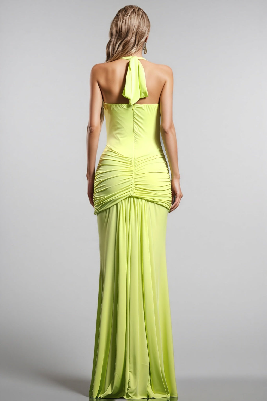 Malvina Halter V Neck Wrinkles Green Maxi Dress