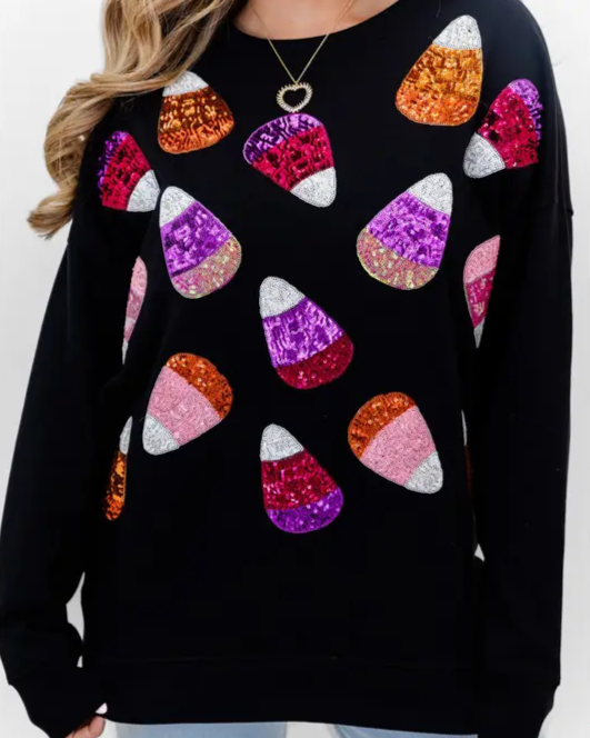 Candy Corn Sequin Embellished Sweatshirt-black