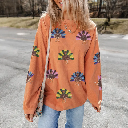 Sequined Turkey Drop Shoulder Sweatshirt