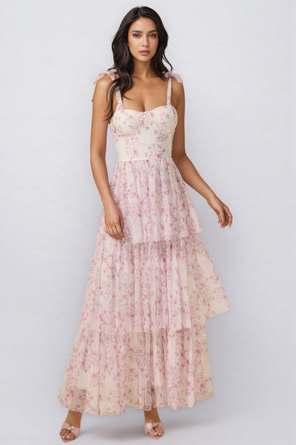 Lindand Lace Up Ruffle Maxi Dress