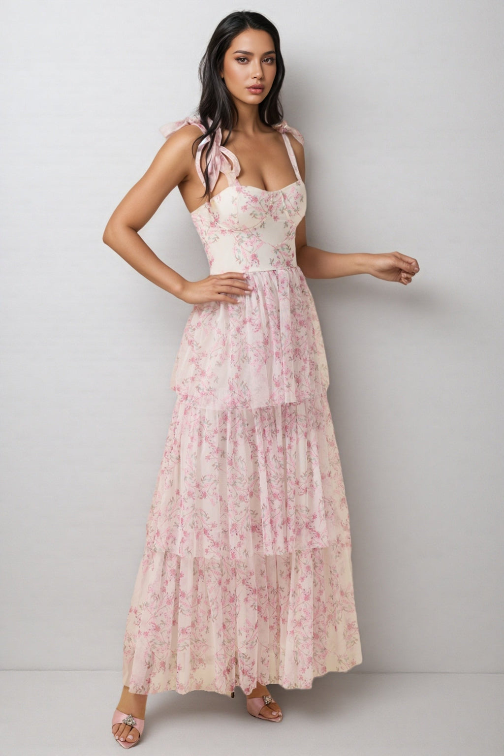 Lindand Lace Up Ruffle Maxi Dress