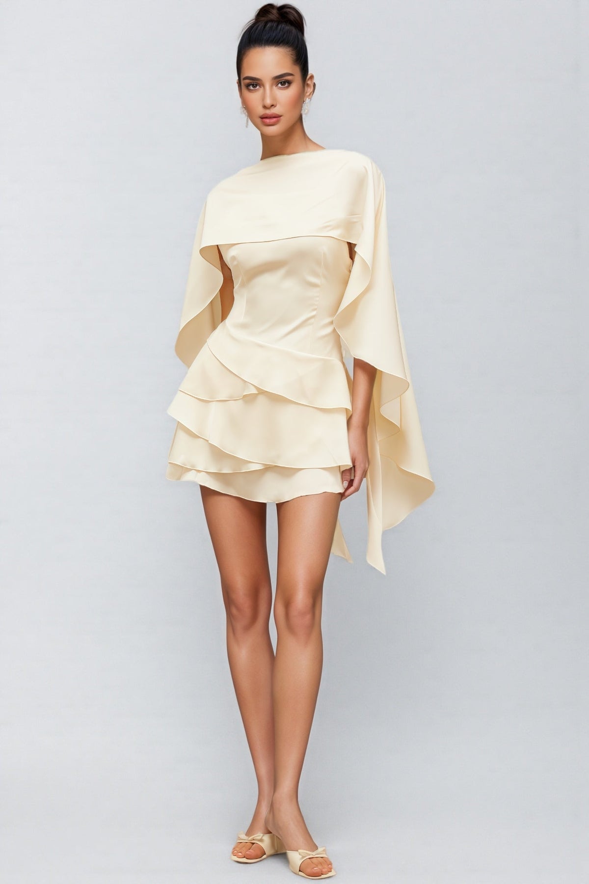 Lyssty White Shawl Panel Ruffled Satin Mini Dress