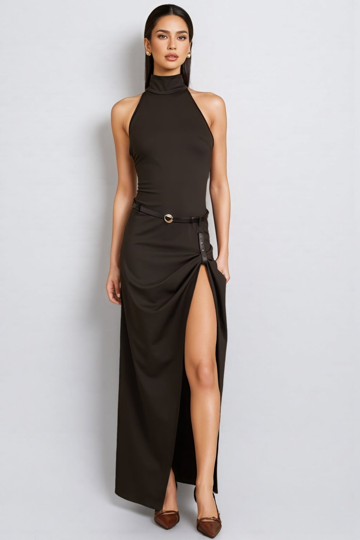 Januse Black Irregular Split Maxi Dress