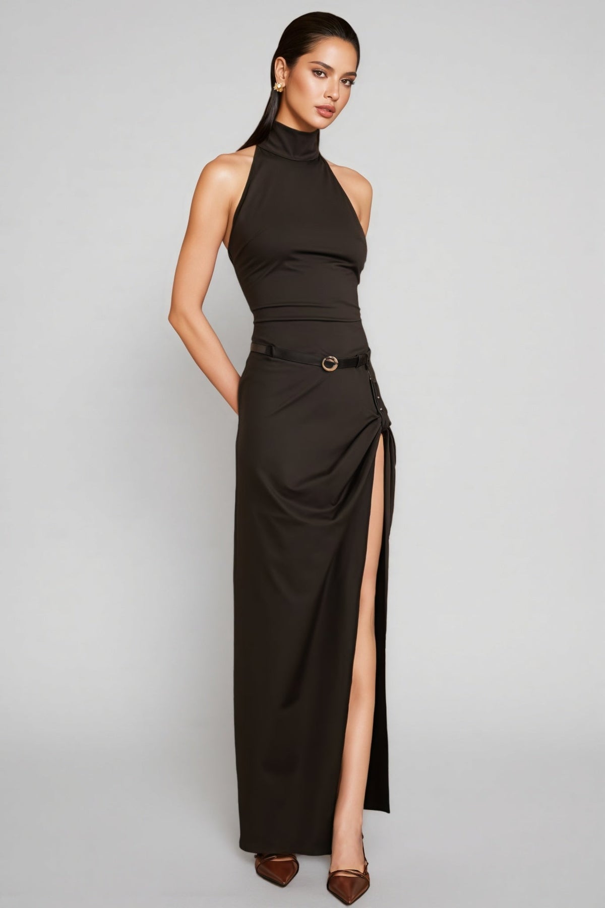 Januse Black Irregular Split Maxi Dress