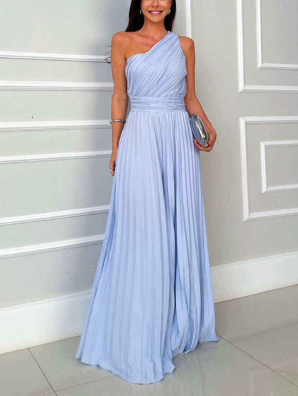 Pleated Slant Neck Waist Jumpsuit