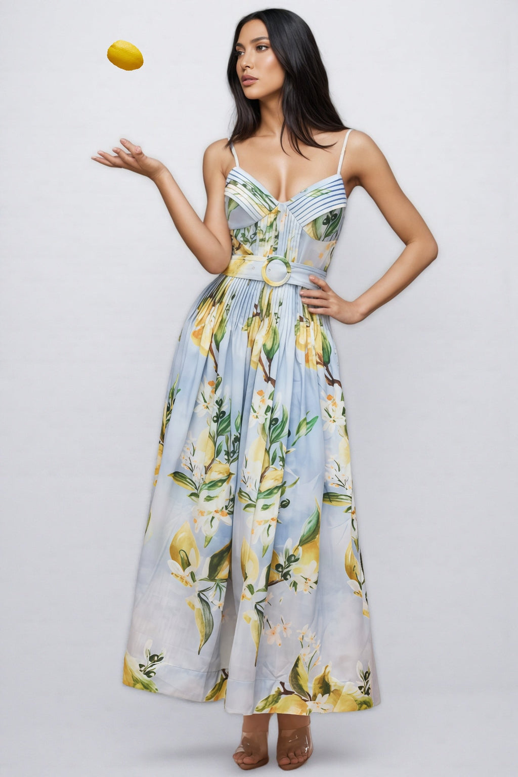 Paca Lemon Print Spaghetti Strap Maxi Dress