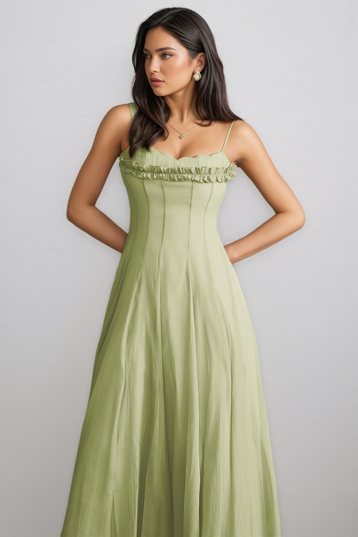 Martina Ruffled Trim Corset Bodice Maxi Dress
