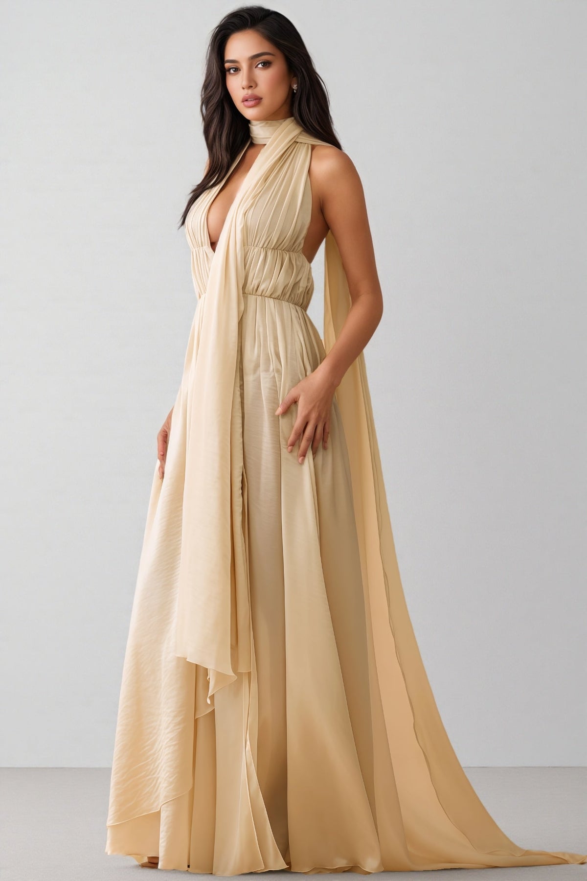 Michelle Plunge Neck Scarf-detail Draped Maxi Dress