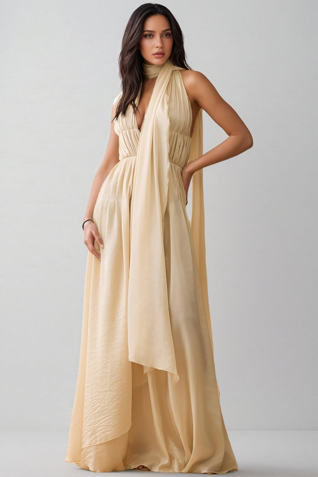 Michelle Plunge Neck Scarf-detail Draped Maxi Dress