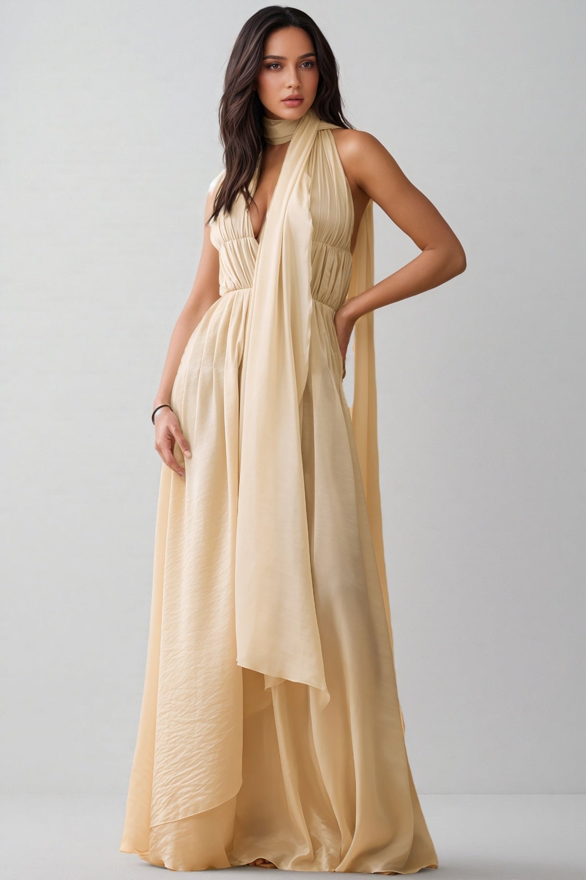 Michelle Plunge Neck Scarf-detail Draped Maxi Dress