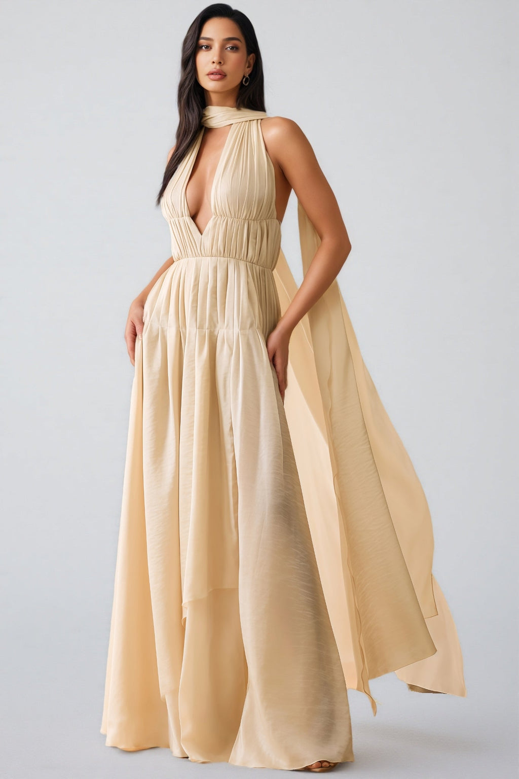 Michelle Plunge Neck Scarf-detail Draped Maxi Dress