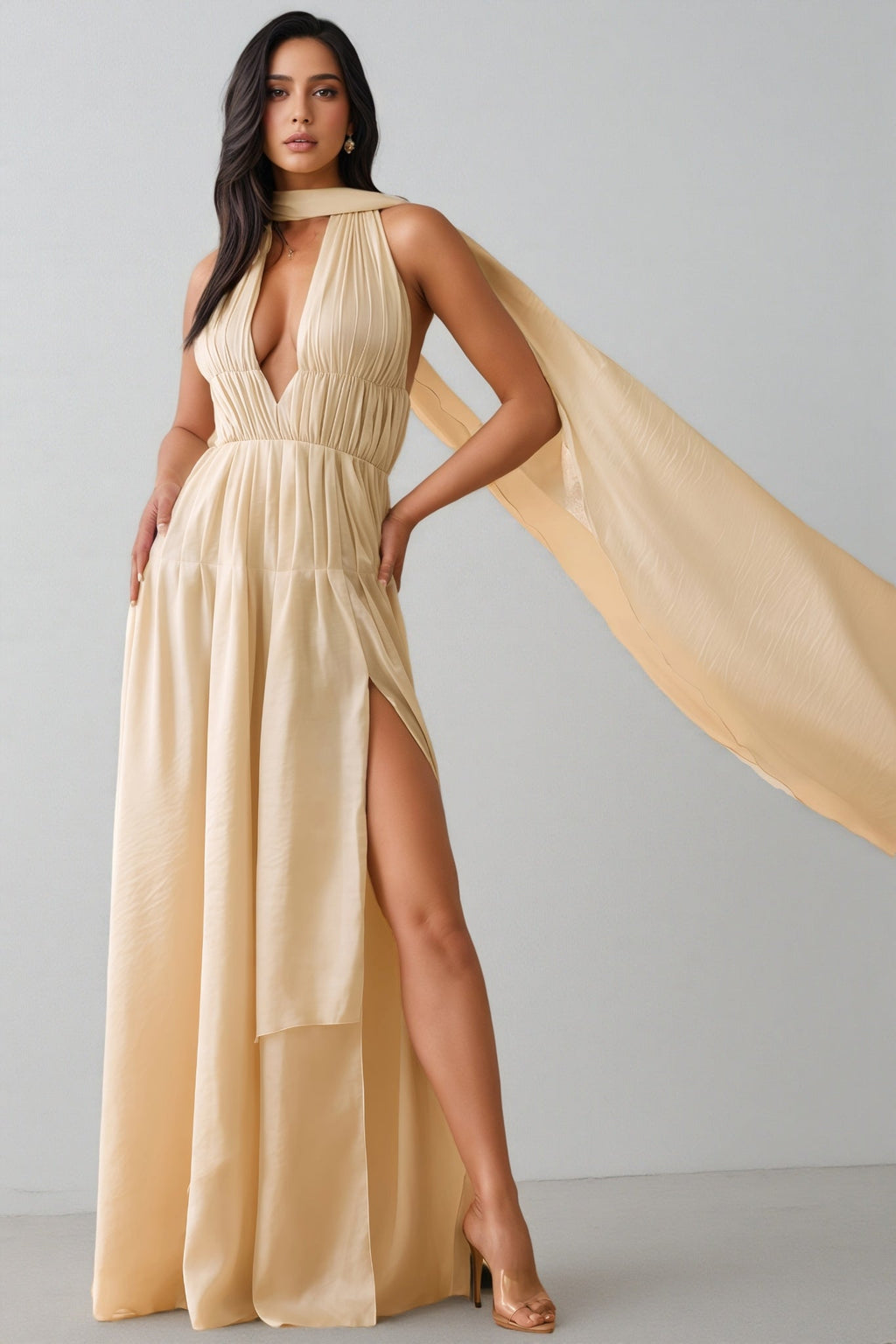 Michelle Plunge Neck Scarf-detail Draped Maxi Dress