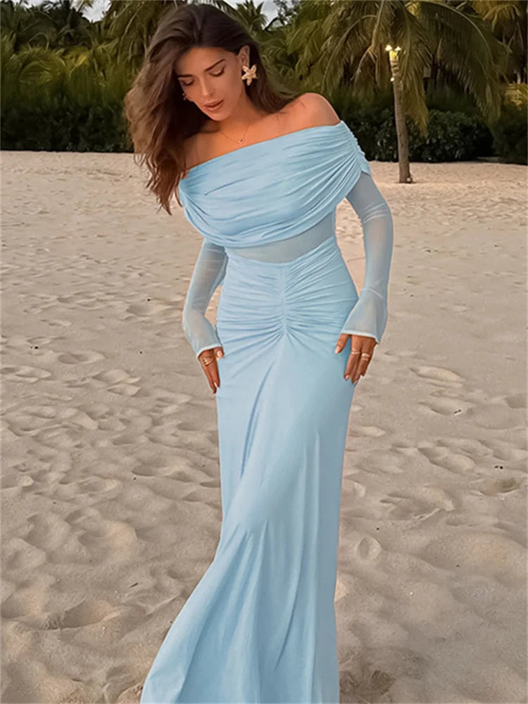 Pleated Mesh Off-shoulder Maxi Dress Female See-through Patchwork High Waist Gown Dress ’s Long Dress
