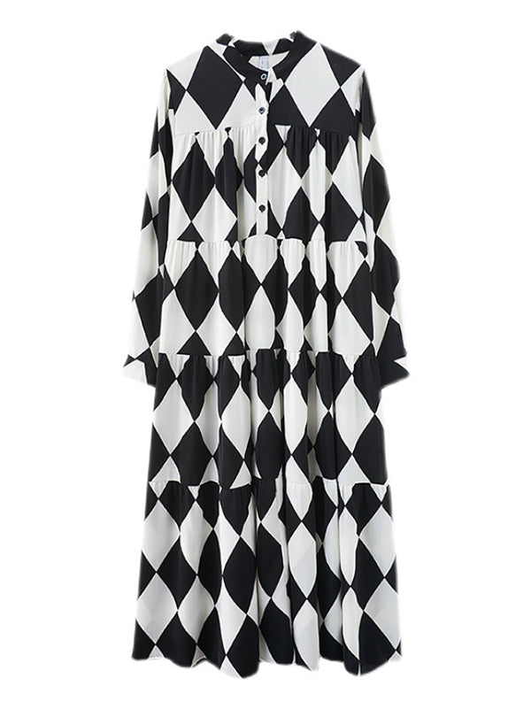 A-line Long Sleeves Buttoned Plaid Polo Midi Dresses