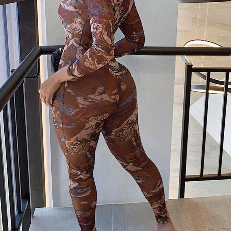Printed Tight Jumpsuit Hip High Elastic Mesh Pants