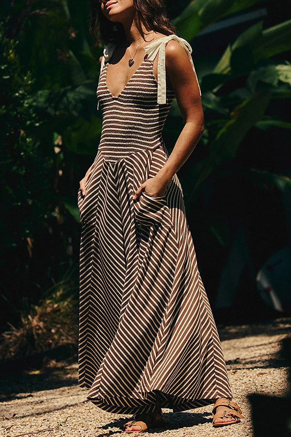 Striped Print V-neck Lace-up Backless Holiday Midi Dress