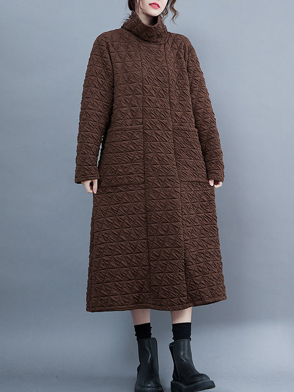 Long Sleeves Loose Color Textured High-neck Cotton Padded Midi Dresses