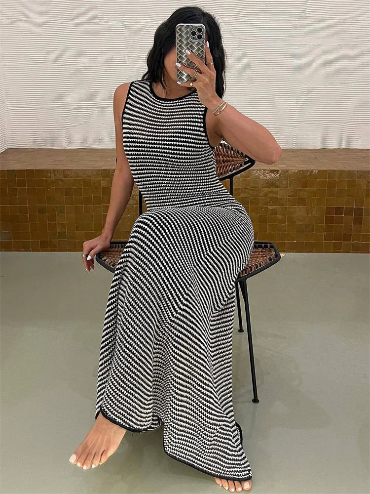 Striped Sleeveless Slim Maxi Dress Female Hollow Out Patchwork Holiday Beach Dress ’s High Waist Dress