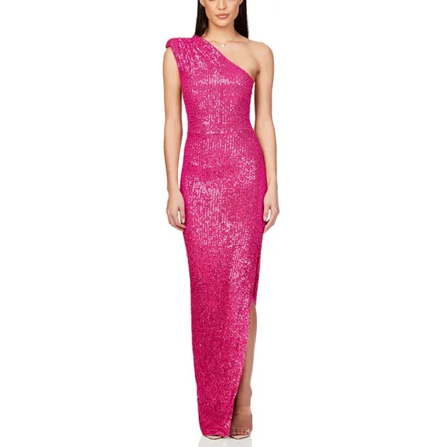 One Shoulder High Waist Slit Evening Dress Sequin Sleeveless Party Dresses New Slim Long Dresses for