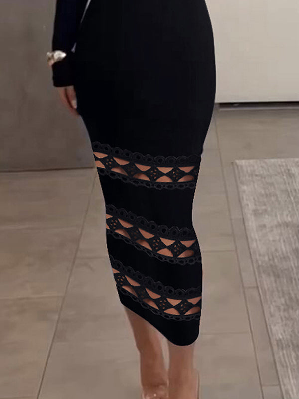 Bodycon Long Sleeves Hollow Color Split-joint Off-the-shoulder Midi Dresses
