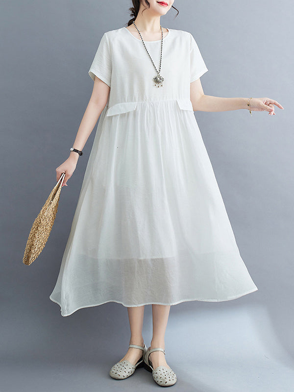 Loose Short Sleeves Gauze Color Split-joint Round-neck Midi Dresses