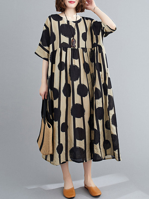 Original Polka-dot Split-joint Round-neck Midi Dress