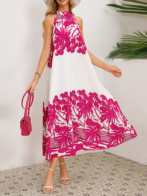 A-line Loose Hollow Pleated Printed Tied Mock Neck Midi Dresses